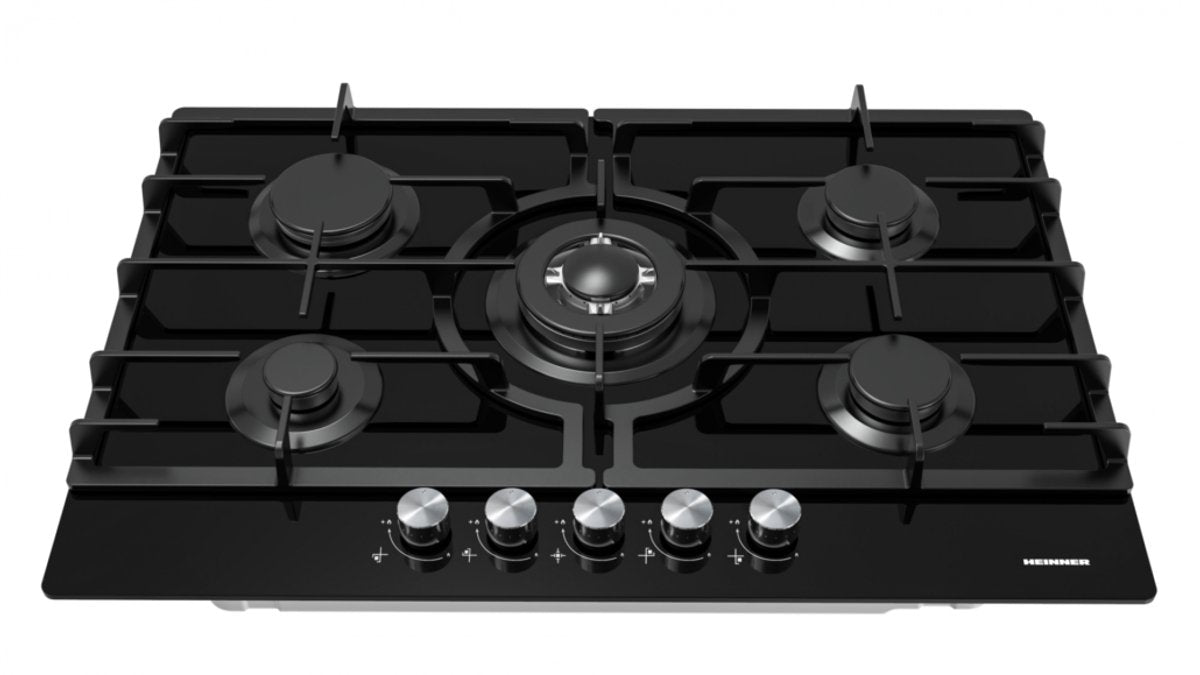 Heinner Inbouw Gaskookplaat – 5 Gasbranders inclusief Wokbrander – Elektrische Ontsteking – Vlambeveiliging – Aardgas/LPG – 75 cm – Zwart Glas