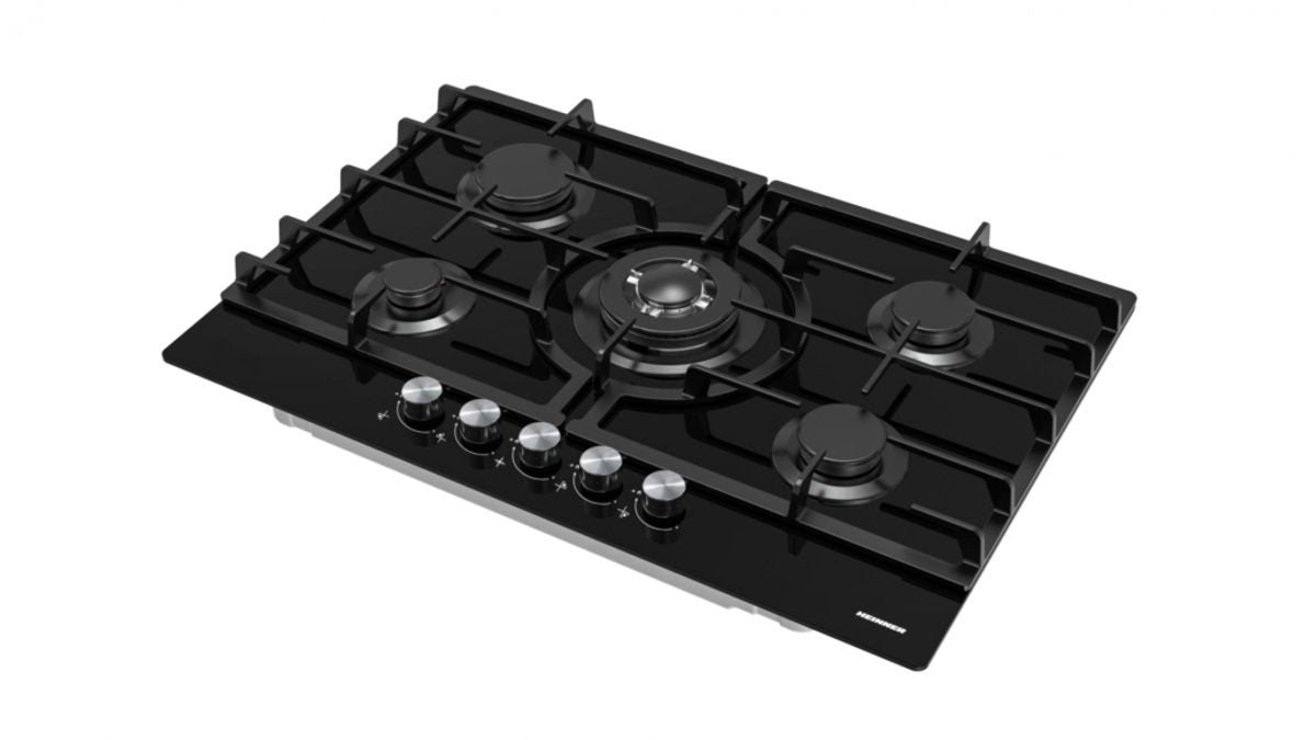 Heinner Inbouw Gaskookplaat – 5 Gasbranders inclusief Wokbrander – Elektrische Ontsteking – Vlambeveiliging – Aardgas/LPG – 75 cm – Zwart Glas