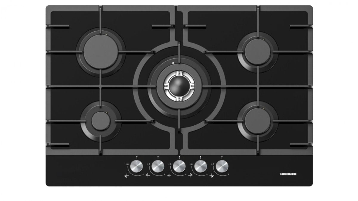 Heinner Inbouw Gaskookplaat – 5 Gasbranders inclusief Wokbrander – Elektrische Ontsteking – Vlambeveiliging – Aardgas/LPG – 75 cm – Zwart Glas
