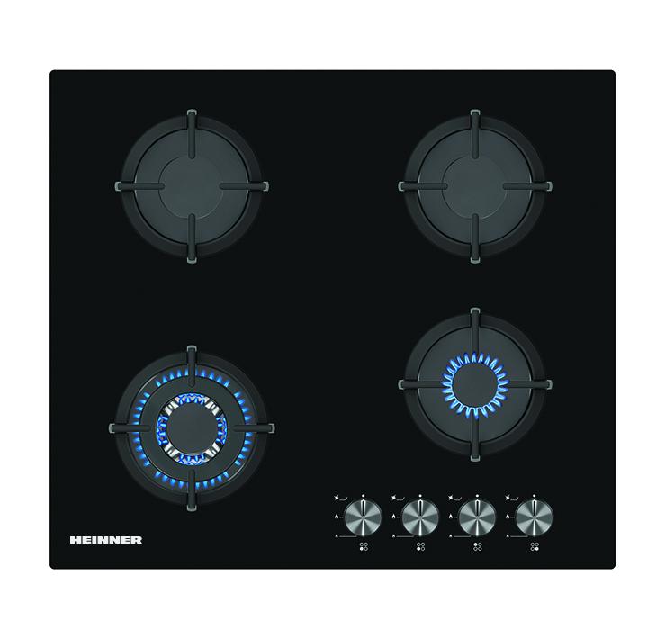 Heinner Inbouw Gaskookplaat – 4 Gasbranders – Elektronische Ontsteking – Vlambeveiliging – Geschikt voor Aardgas/LPG – 59 cm – Zwart Glas