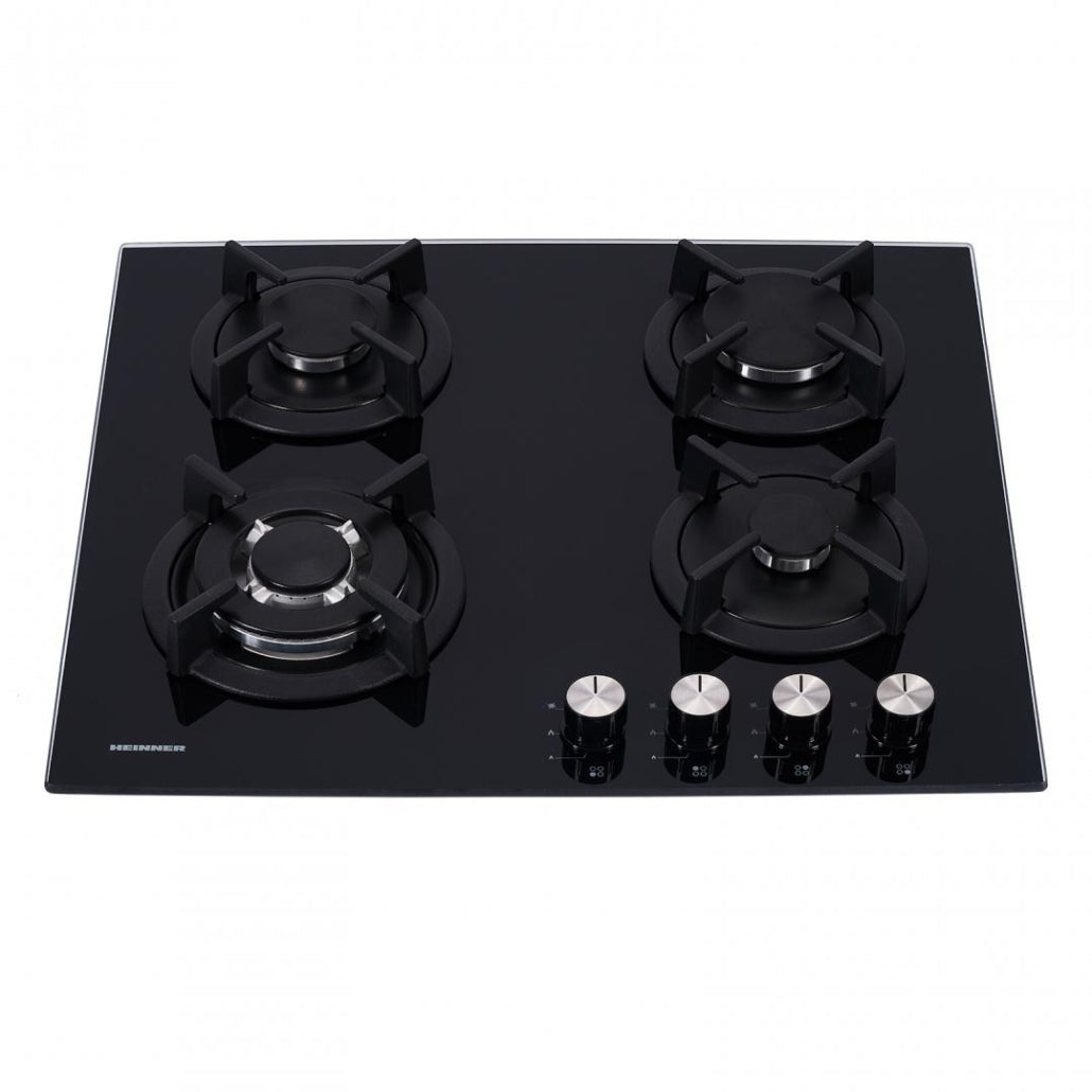 Heinner Inbouw Gaskookplaat – 4 Gasbranders – Elektronische Ontsteking – Vlambeveiliging – Geschikt voor Aardgas/LPG – 59 cm – Zwart Glas