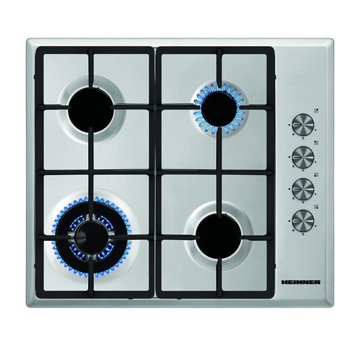 Heinner Inbouw Gaskookplaat – 4 Gasbranders – Elektronische Ontsteking – Vlambeveiliging – Geschikt voor Aardgas/LPG – 58 cm – Roestvrijstaal