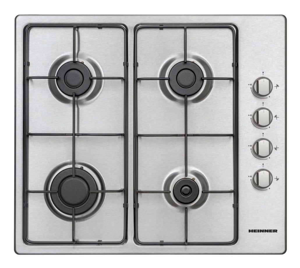 Heinner Inbouw Gaskookplaat – 4 Gasbranders – Elektrische Ontsteking – Vlambeveiliging – Geschikt voor Aardgas/LPG – 58 cm – Roestvrijstaal