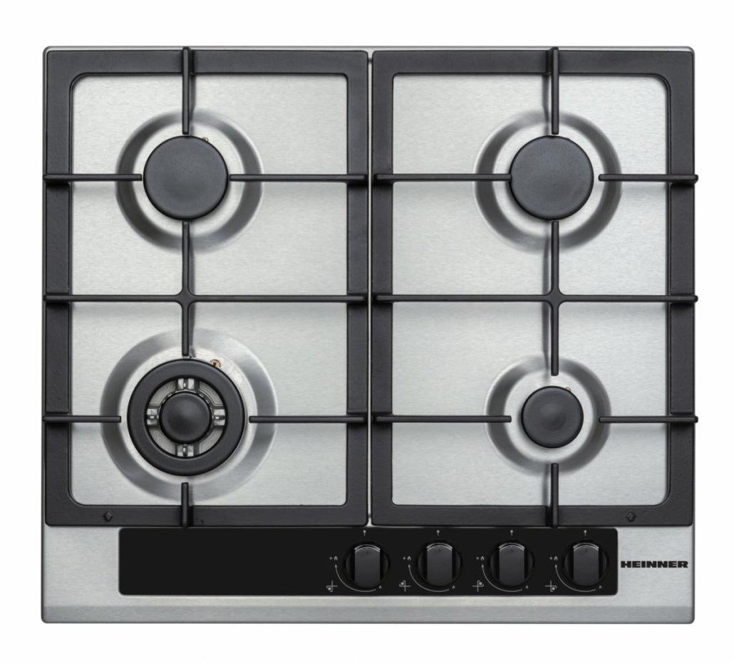 Heinner Inbouw Gaskookplaat – 4 Gasbranders – Elektronische Ontsteking – Vlambeveiliging – Geschikt voor Aardgas/LPG – 59 cm – Roestvrijstaal