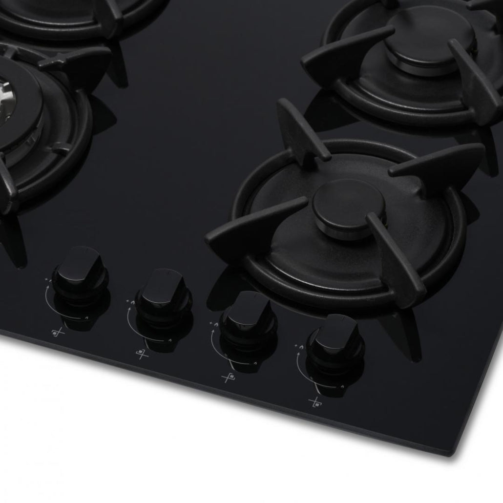 Heinner Inbouw Gaskookplaat – 4 Gasbranders – Elektronische Ontsteking – Vlambeveiliging – Geschikt voor Aardgas/LPG – 59 cm – Zwart Glas