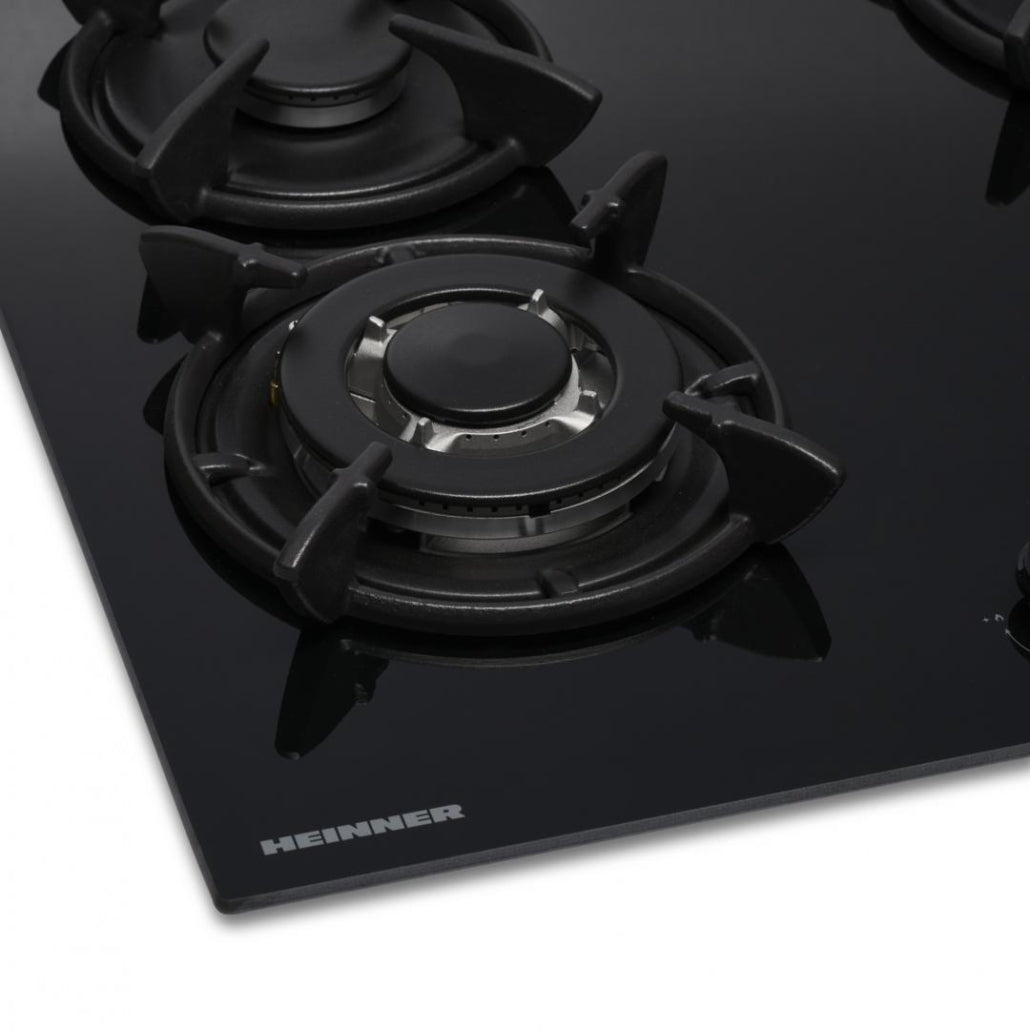 Heinner Inbouw Gaskookplaat – 4 Gasbranders – Elektronische Ontsteking – Vlambeveiliging – Geschikt voor Aardgas/LPG – 59 cm – Zwart Glas