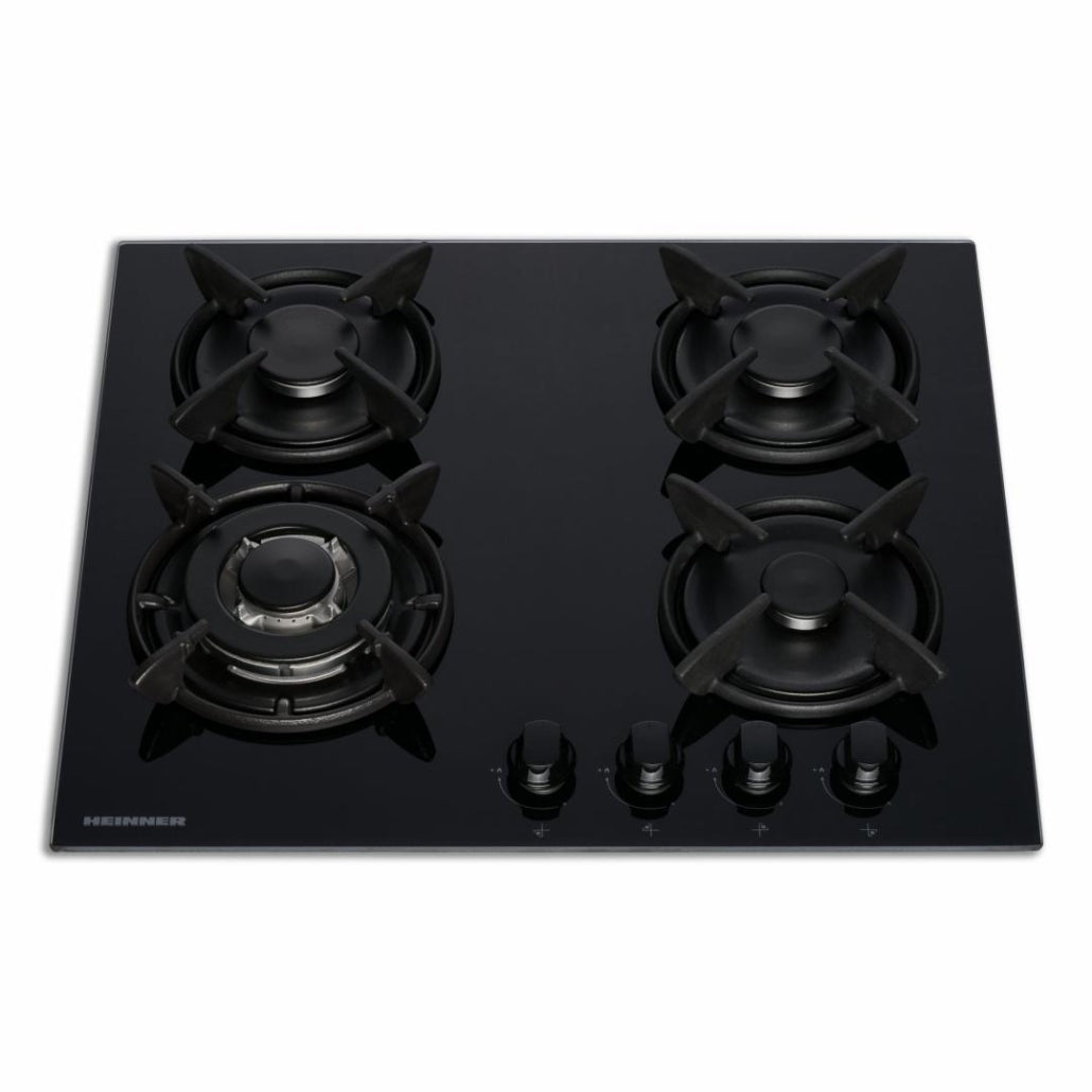 Heinner Inbouw Gaskookplaat – 4 Gasbranders – Elektronische Ontsteking – Vlambeveiliging – Geschikt voor Aardgas/LPG – 59 cm – Zwart Glas