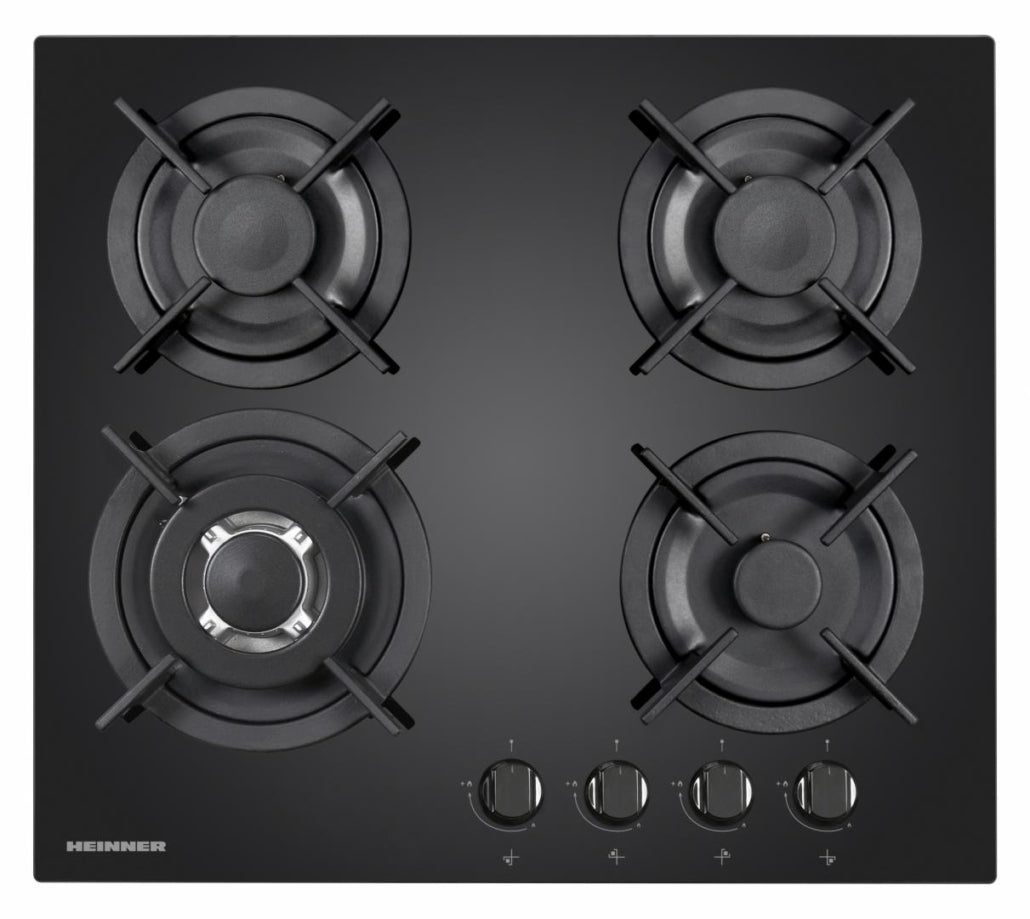 Heinner Inbouw Gaskookplaat – 4 Gasbranders – Elektronische Ontsteking – Vlambeveiliging – Geschikt voor Aardgas/LPG – 59 cm – Zwart Glas