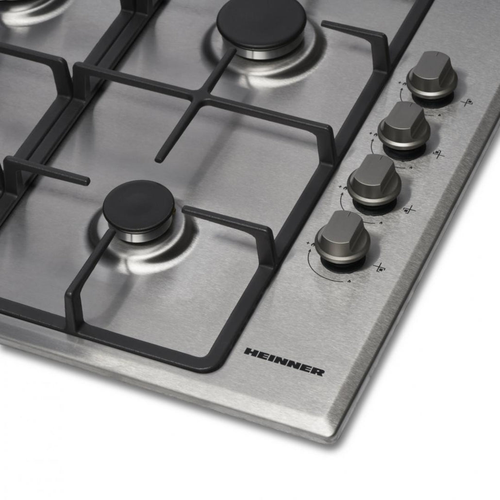 Heinner Inbouw Gaskookplaat – 4 Gasbranders – Elektronische Ontsteking – Vlambeveiliging – Geschikt voor Aardgas/LPG – 58 cm – Roestvrijstaal