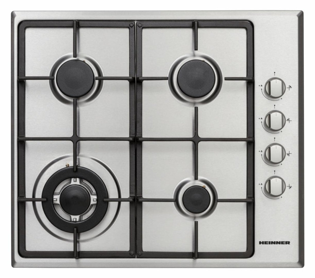 Heinner Inbouw Gaskookplaat – 4 Gasbranders – Elektronische Ontsteking – Vlambeveiliging – Geschikt voor Aardgas/LPG – 58 cm – Roestvrijstaal
