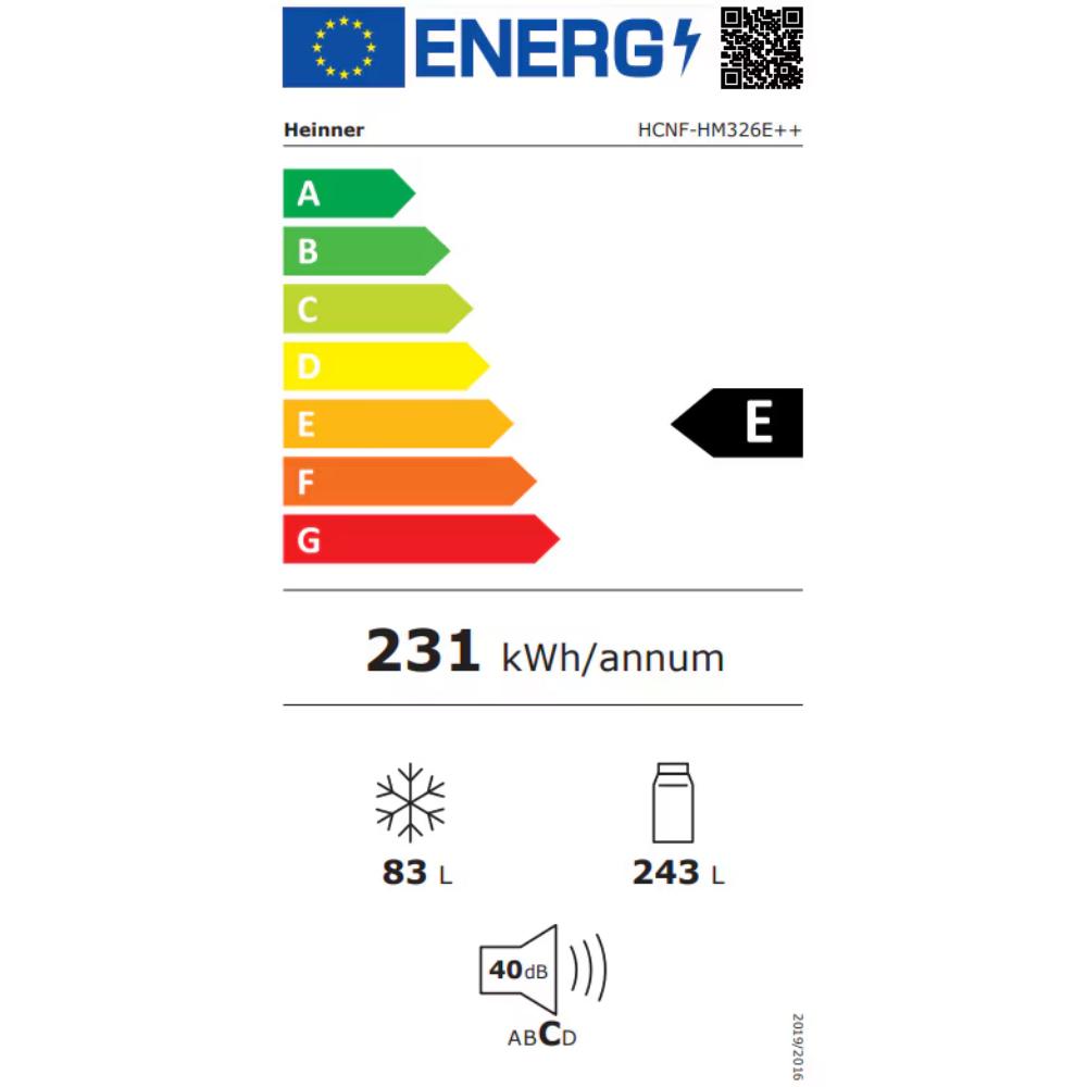 Heinner HCNF-HM326E++ combikoelkast 326 L | Total No Frost | Supervriesfunctie 3,8 kg/24 u | Omkeerbare deuren | Energieklasse E | LED | 5 jaar garantie