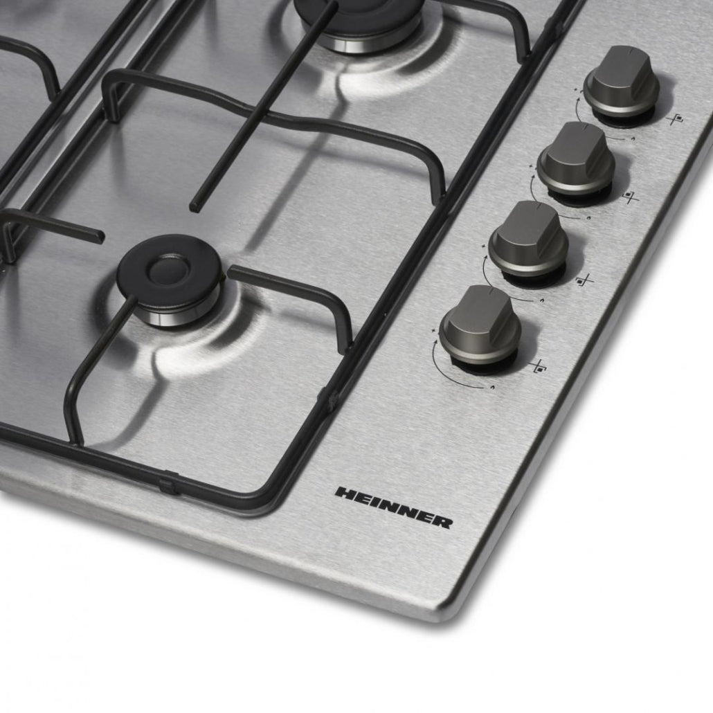 Heinner Inbouw Gaskookplaat – 4 Gasbranders – Elektrische Ontsteking – Vlambeveiliging – Geschikt voor Aardgas/LPG – 58 cm – Roestvrijstaal