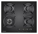 Heinner Inbouw Gaskookplaat – 4 Gasbranders – Elektronische Ontsteking – Vlambeveiliging – Geschikt voor Aardgas/LPG – 59 cm – Zwart Glas