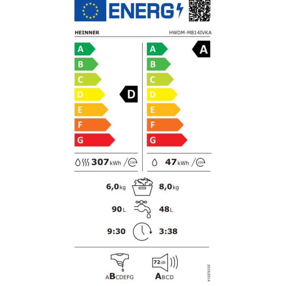 Heinner Was-droogcombinatie met Digitaal Touch Display - 1400 rpm - 14 Programma's - Wit