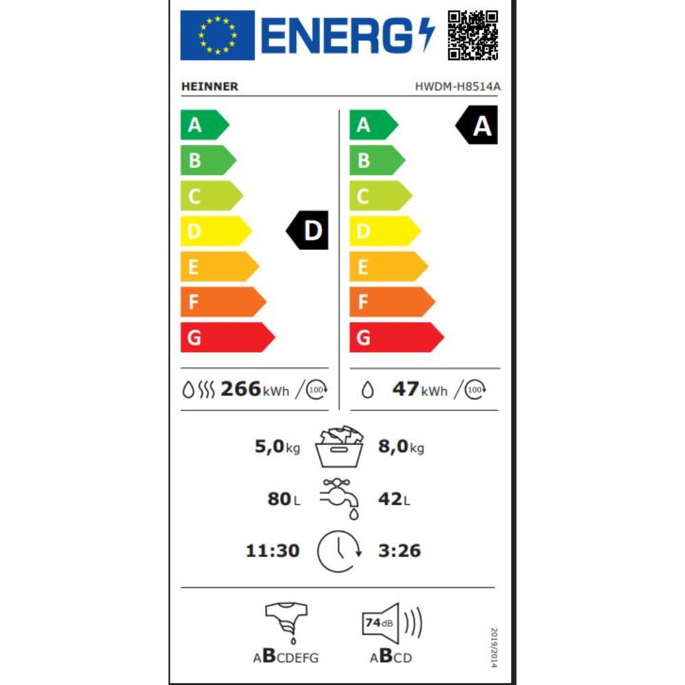 Heinner Was-droogcombinatie met LED-display - 1400 rpm - 15 Programma's - Wit